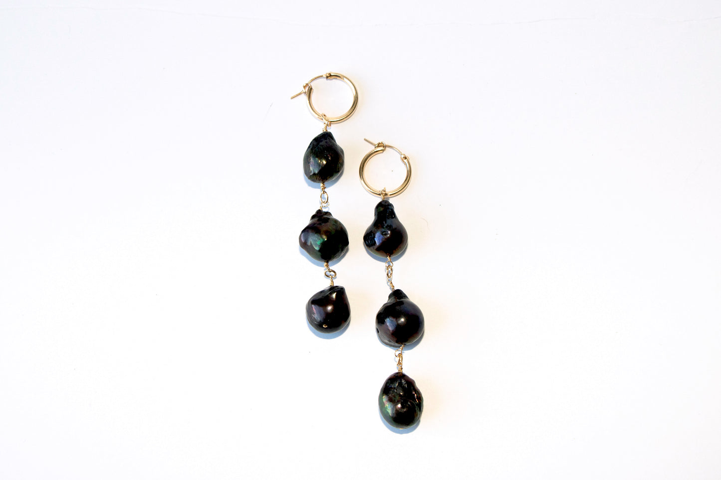 Triple Black Pearl Gold Hoops