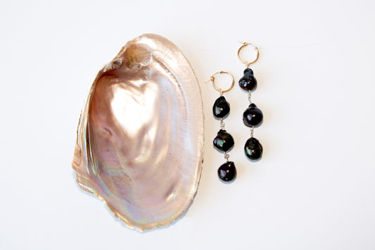 Triple Black Pearl Gold Hoops