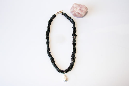 Raw Tourmaline + Baroque Pearl necklace