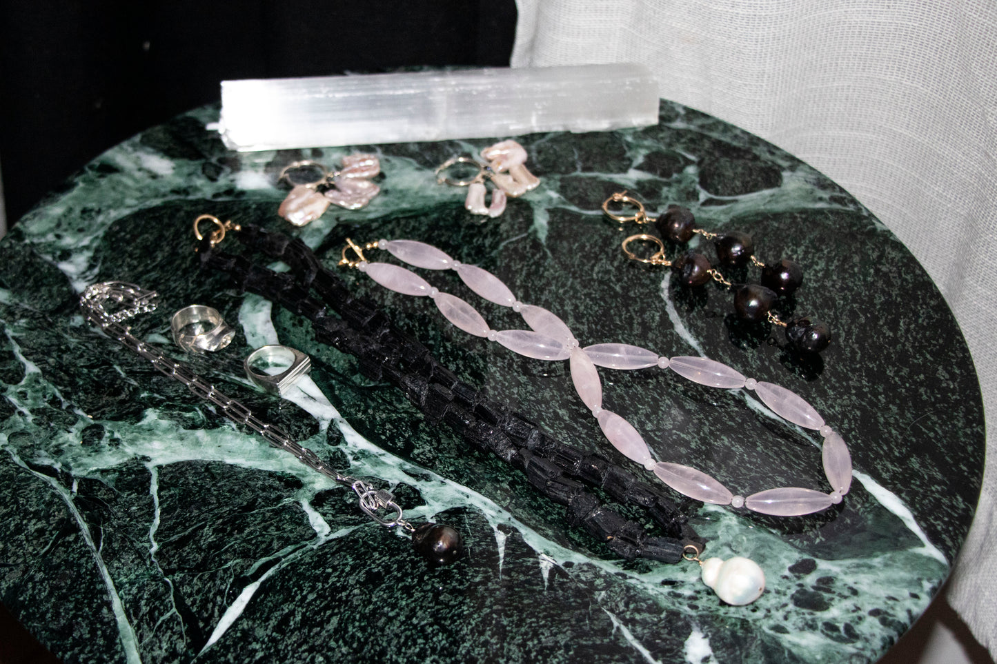 Raw Tourmaline + Baroque Pearl necklace