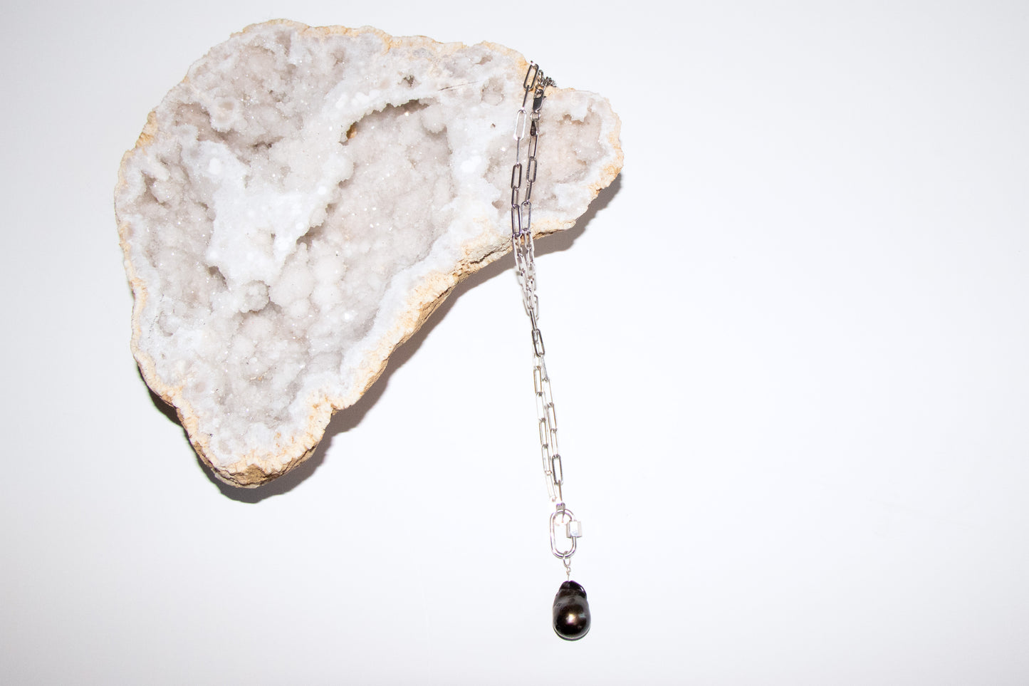 Sterling Silver Paperclip Chain + Black Pearl Carabiner