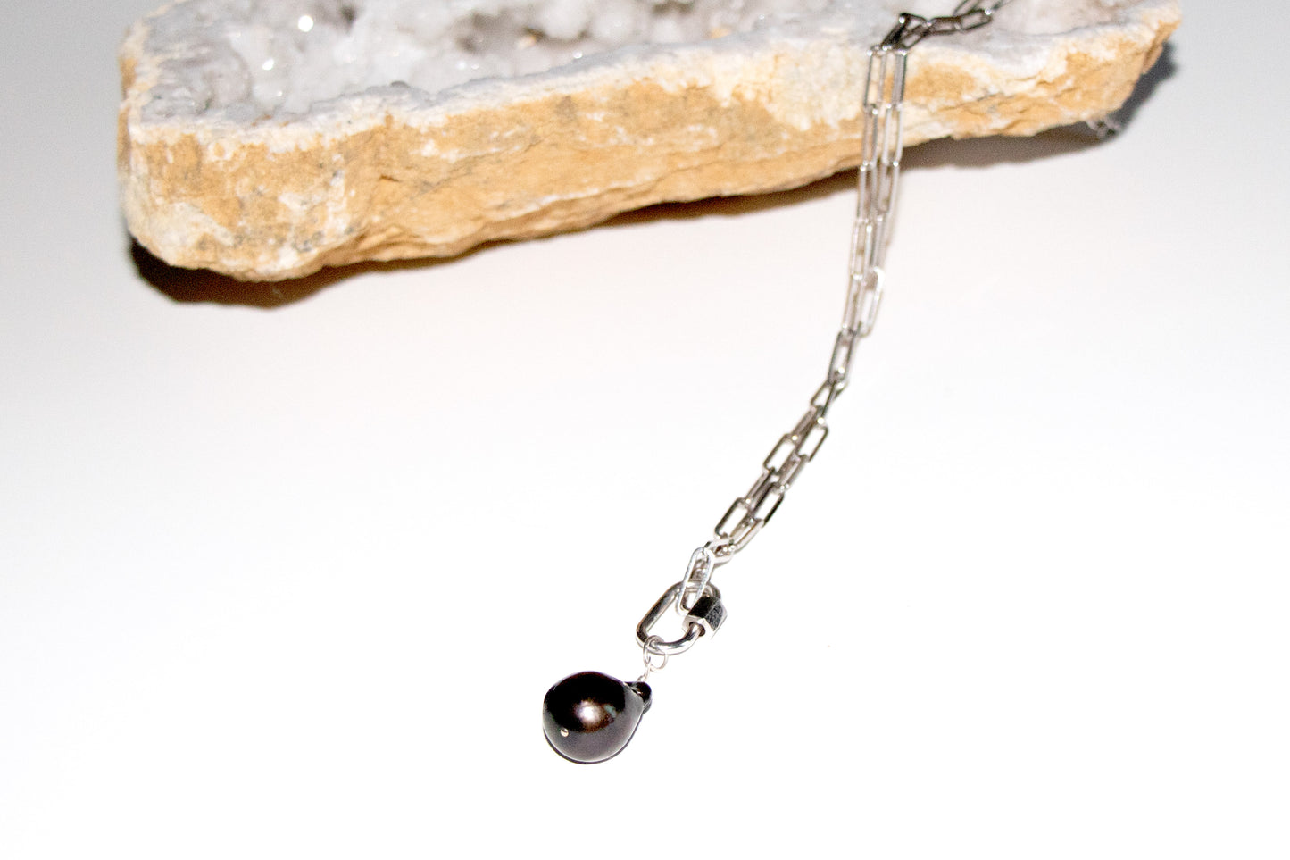 Sterling Silver Paperclip Chain + Black Pearl Carabiner