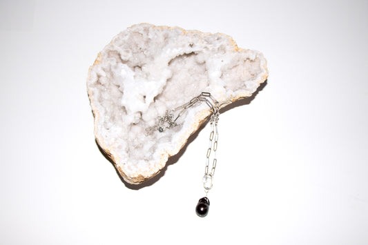 Sterling Silver Paperclip Chain + Black Pearl Carabiner