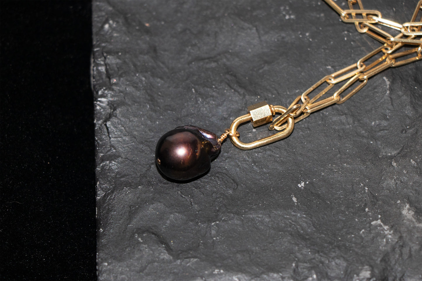 Gold filled carabiner baroque black pearl necklace