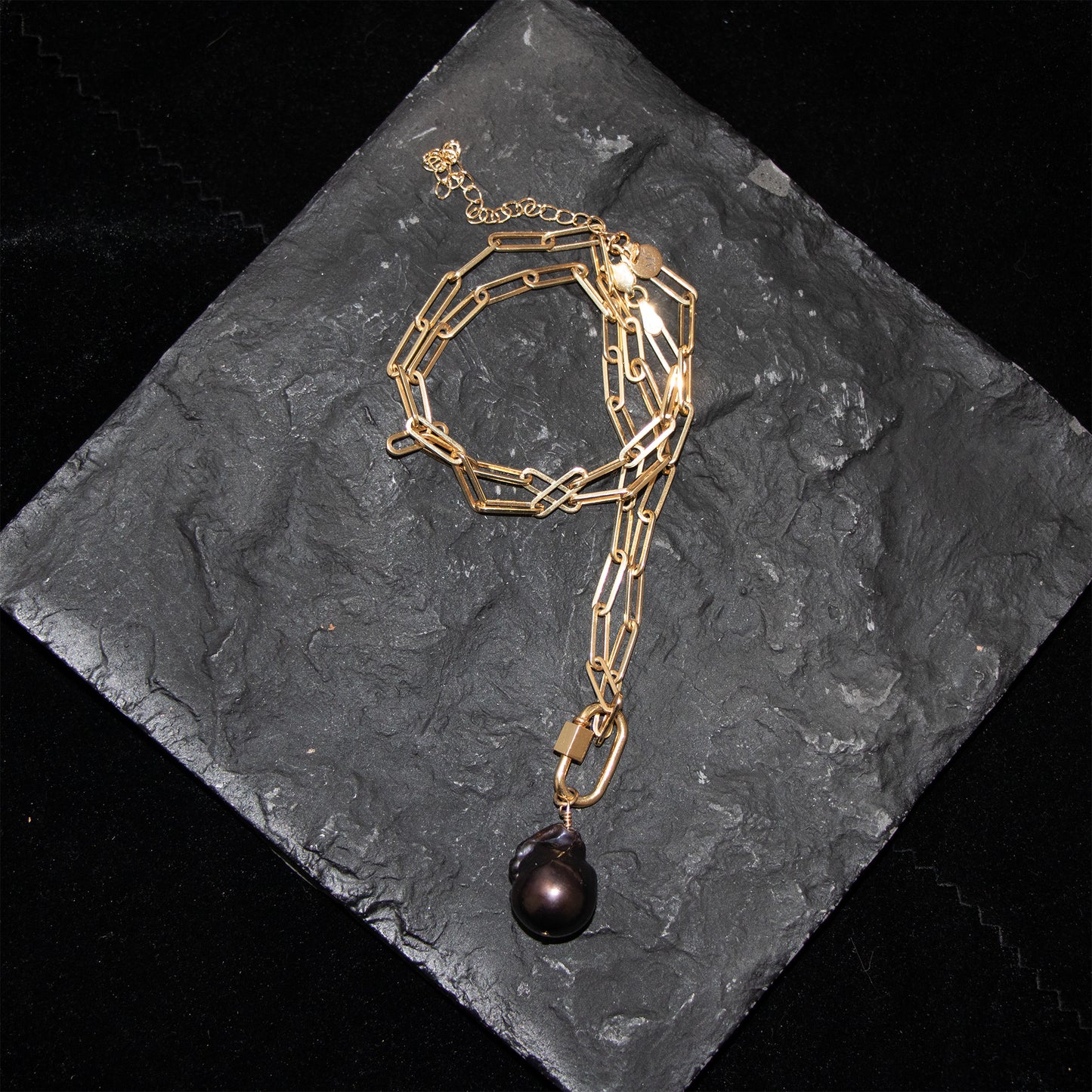 Gold filled carabiner baroque black pearl necklace