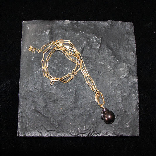Gold filled carabiner baroque black pearl necklace