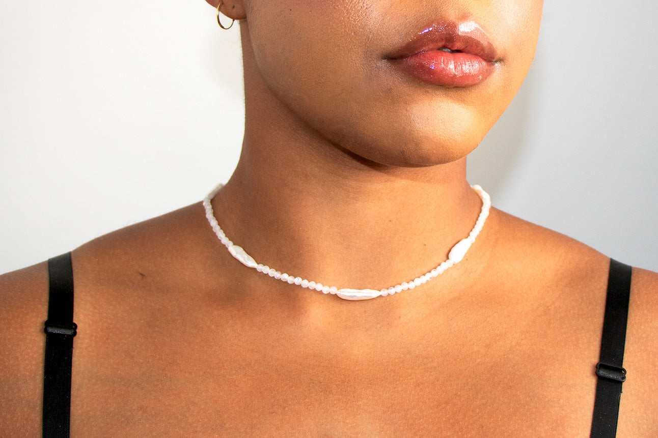 Serenity moonstone and biwa pearl stick necklace