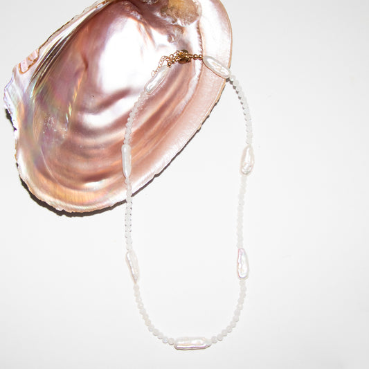 Serenity moonstone and biwa pearl stick necklace