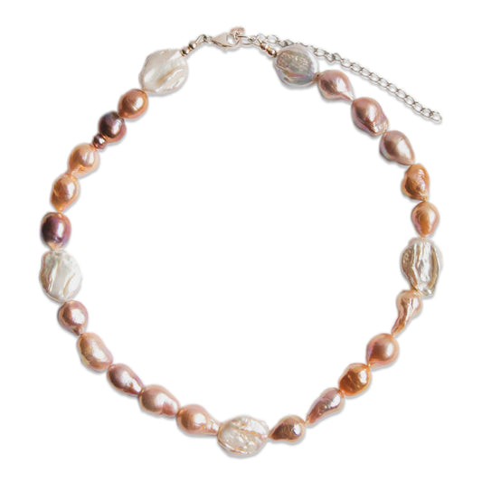 The Dawn - white coin pearl and mauve teardrop and necklace
