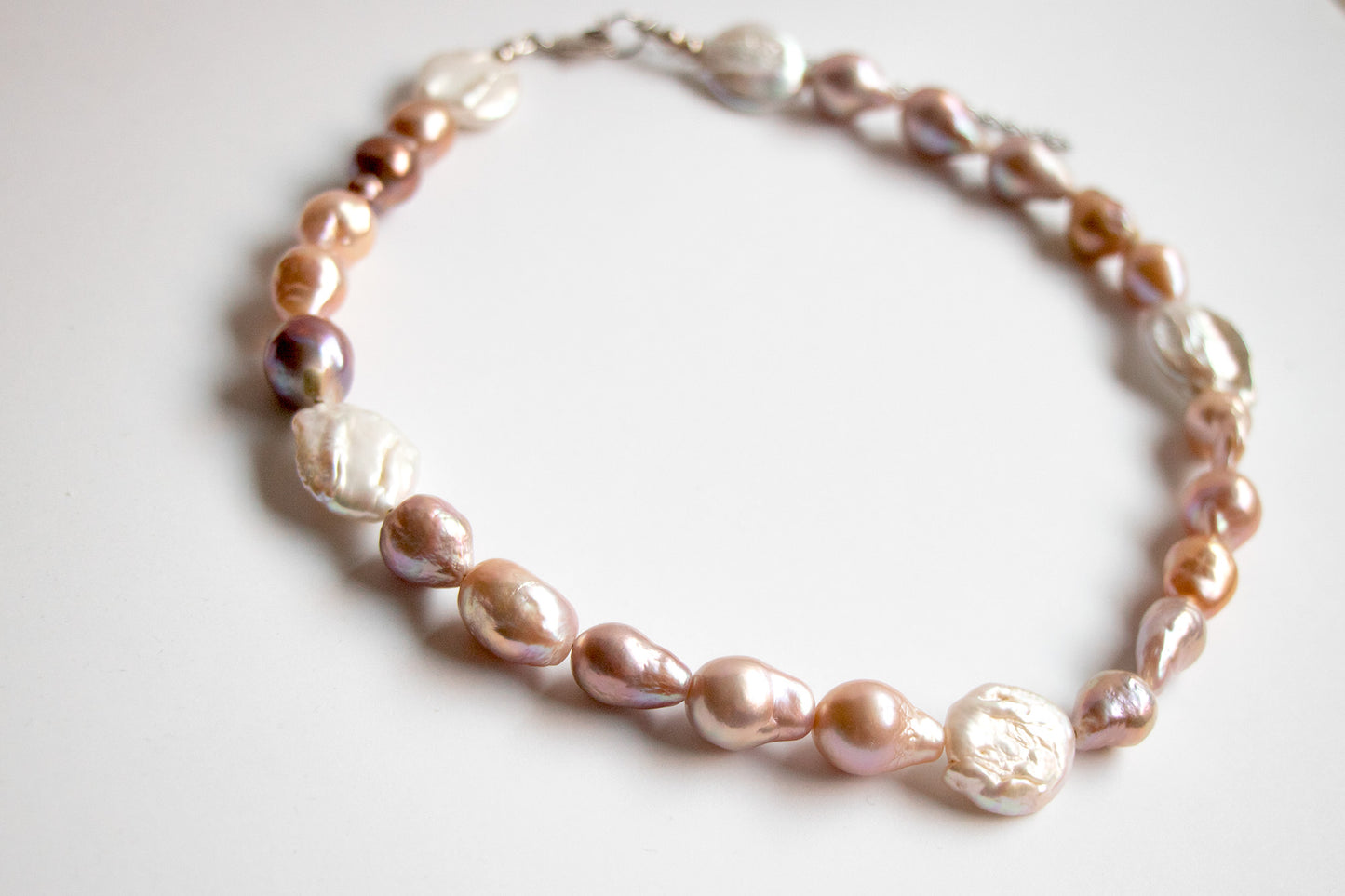 The Dawn - white coin pearl and mauve teardrop and necklace