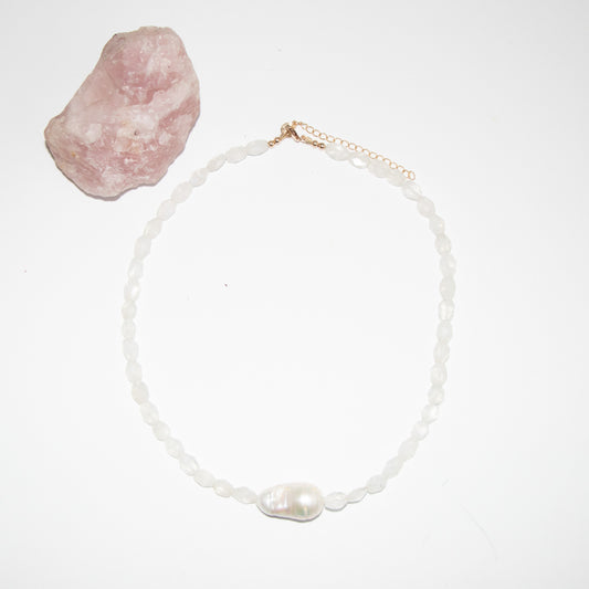 Ahimsa moonstone and baroque pearl necklace