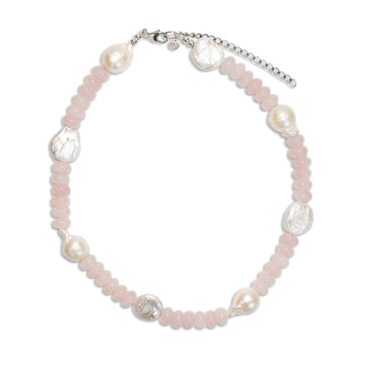 The Rosé - Rose quartz rondelle and baroque pearl necklace